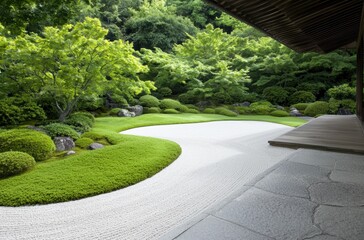 Canvas Print - serene japanese zen garden with lush greenery