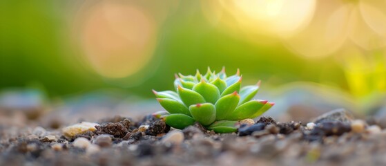  A tiny green plant emerges from the ground against a hazy backdrop of grass and stones