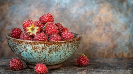 Sticker -   A close-up of a single red raspberry in a white bowl against a green backdrop