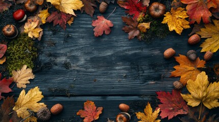 Poster - Colorful autumn leaves and acorns are artistically arranged around a dark wooden background, showcasing the season's beauty and natural textures.