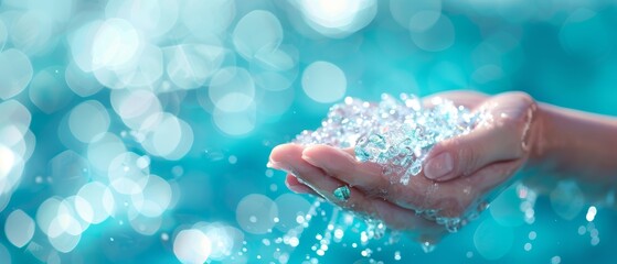 Wall Mural -  A hand holding a small amount of water against a blue backdrop