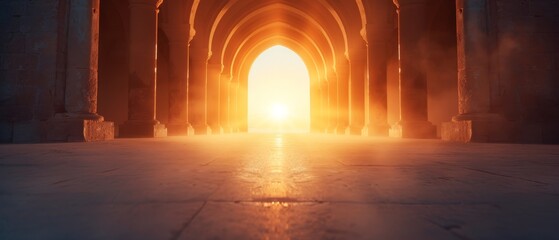 Wall Mural -  The sun shines through an archway of a building, framed by pillars on each side A beam of light reaches the floor below