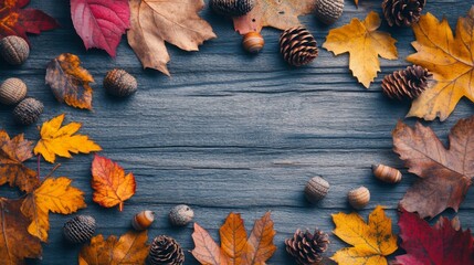 Poster - A vibrant arrangement of colorful autumn leaves, acorns, and pine cones forms a striking border on a dark wooden background.