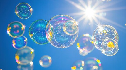 Poster -   A group of soap bubbles float in the sunlight as they catch the rays on their tops