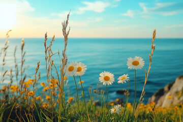 Wall Mural - close-up of daisies with a bright blue sea in the background under a clear sky. perfect for summer t