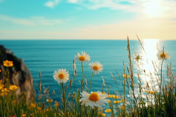 Wall Mural - close-up of daisies with a bright blue sea in the background under a clear sky. perfect for summer t