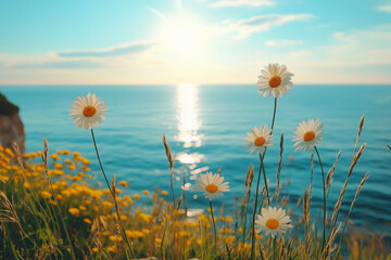 Wall Mural - close-up of daisies with a bright blue sea in the background under a clear sky. perfect for summer t