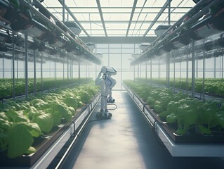 Wall Mural - A futuristic greenhouse with a robot tending to lettuce plants.