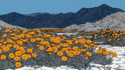 Poster -   A vibrant orange field surrounds majestic mountains, framed by a deep blue sky above