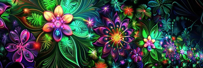 Wall Mural - A psychedelic fractal background with vibrant neon colors, featuring an intricate flower design.