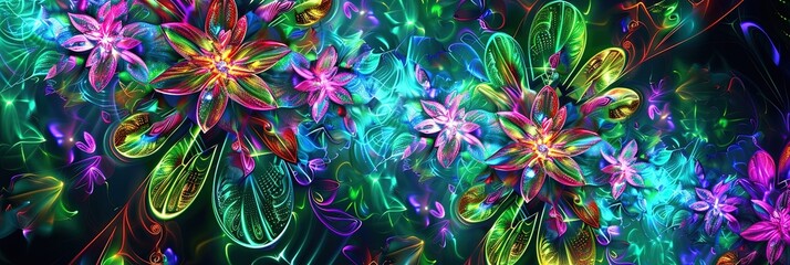 Wall Mural - A psychedelic fractal background with vibrant neon colors, featuring an intricate flower design.