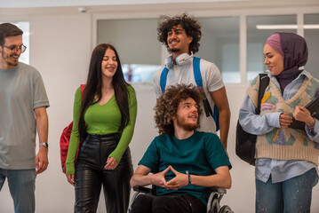 A group of happy diverse college students talking to each other while they walk in the university hallway.