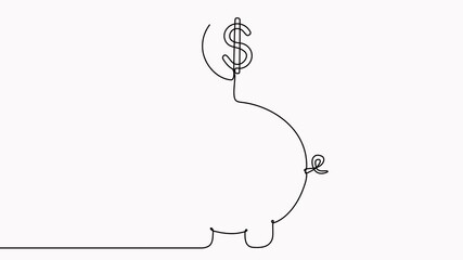 Wall Mural - Piggy bank with dollar coin continuous one line drawing animation. Saving money concept. Investment symbol.