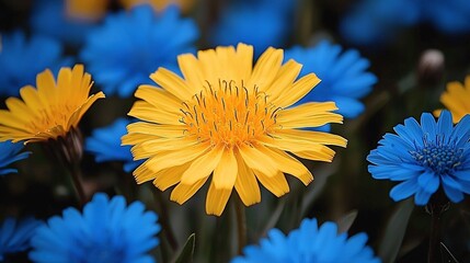 Canvas Print -   A group of blue and yellow flowers with yellow centers surrounded by blue and yellow petals