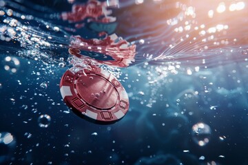 Wall Mural - A gambling chips symbolizing creative thinking as it sinks underwater, surrounded by bubbles. The floating bubbles add a visual accent