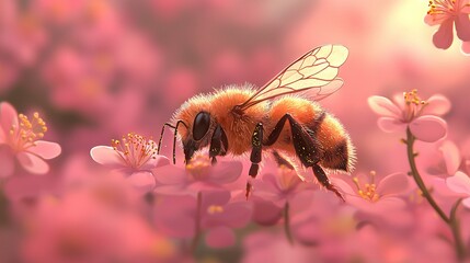 Sticker -   A bee zoomed in on a pink-petalled bloom against a pink backdrop of sky