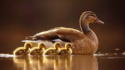 Poster -   A flock of ducks and their ducklings resting atop a body of water