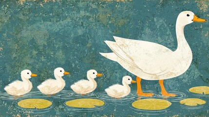 Sticker -   A mother duck & 4 ducklings in a lily pad pond