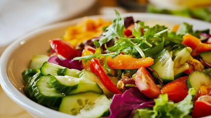 Vegetable salad with juicy tomatoes, crispy cucumbers, red onions.