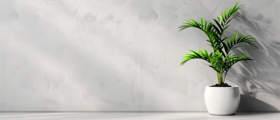 Wall Mural -  A potted plant in a white vase, positioned against a white wall, casts a shadow - not of a palm tree, but rather the shape of a palm leaf