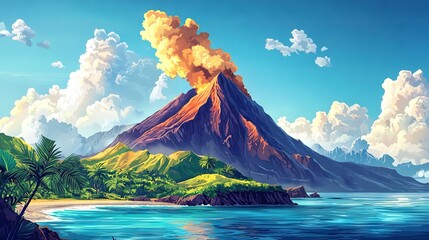 Poster -   A painting depicts a volcano surrounded by water, with a palm tree in the foreground