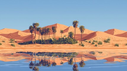 Poster -   A painting depicts a desert landscape featuring palm trees, water in the foreground, and sand dunes in the background