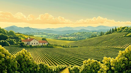 Canvas Print -   A picture of a rural landscape featuring a farmhouse surrounded by green fields, towering mountain ranges in the distance, and fluffy white clouds above