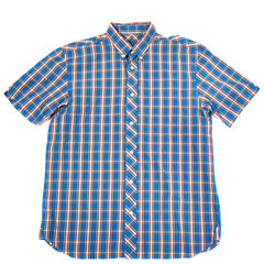 Wall Mural - Men's casual short sleeved blue check shirt on white background