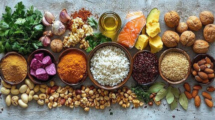 Sticker -   A table with bowls full of various foods, plus nuts and other toppings on top