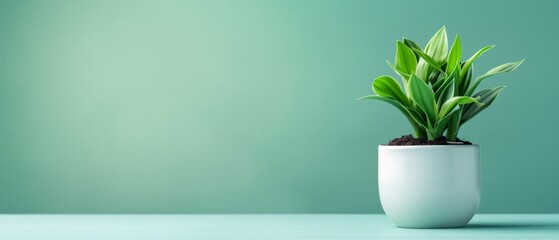 Sticker -  A potted plant in a white vase on a blue table Behind is a green wall