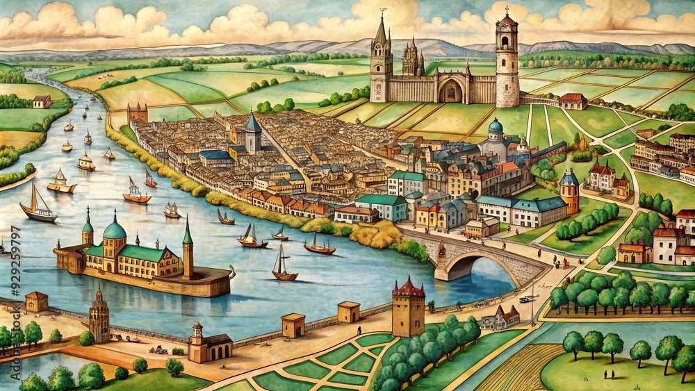 Vintage map of Limerick, Ireland, with intricate illustrations of ...
