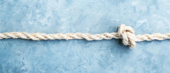  A tight knot on a rope, captured in close-up, against a backdrop of a blue stone wall The end of the rope forms a matching knot