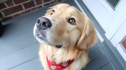 Sticker -   A close-up of a dog's face with a brick wall in the background and a door in the foreground optimized