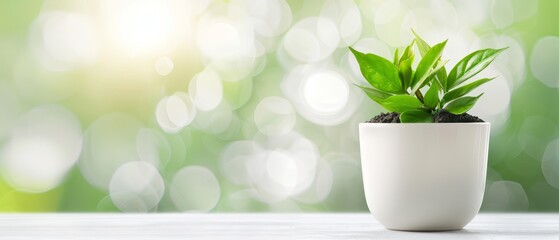 Sticker -  A potted plant sits on a table in front of a bright, green backdrop of light