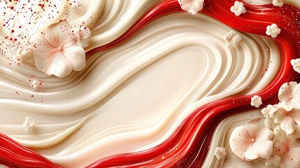 Wall Mural -   Close-up photo of a cake adorned with white and red frosting, along with decorative flowers on top of the frosted cake