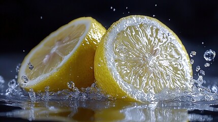 Poster -   A close-up of two lemons with water spraying from the top and splashing at the bottom of the image