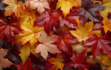 Wall Mural - Bright autumn leaves with dew droplets, creating a rich and natural texture. Perfect for autumn and nature themes.
