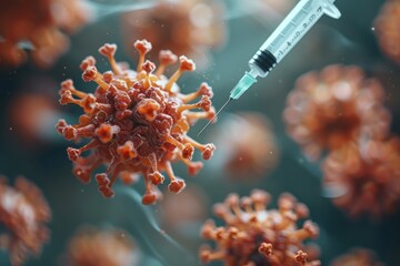 Close-up view of a syringe approaching a coronavirus particle in a lab setting