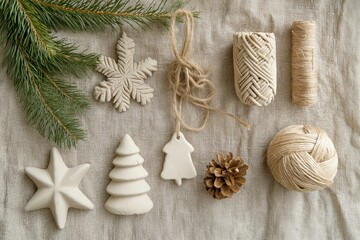 Wall Mural - Flat lay of Scandinavian Christmas ornaments, twine, and pine branches on a linen background, eco-friendly and minimalistic holiday decor, natural and sustainable materials, selective focus

