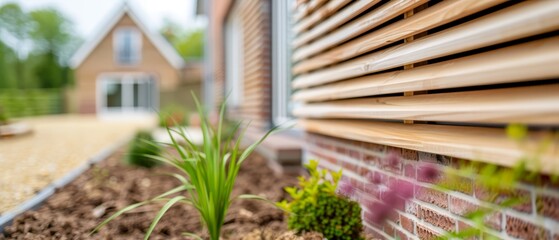 Poster -  A tight shot of a brick wall with a plant in the foreground and a house in the background