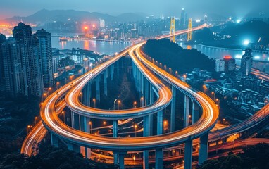 Aerial view of a vibrant cityscape at night with illuminated skyscrapers and streets, creating a bustling urban atmosphere. Perfect for city life and night-time themes.