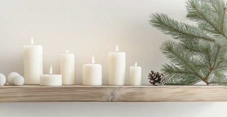 Wall Mural - White candles and pine branches arranged on a natural wooden shelf, minimalist Scandinavian Christmas decor, simple and cozy holiday setting, soft lighting, selective focus

