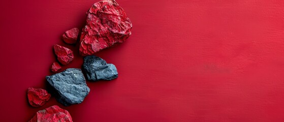  A red floor hosts a cluster of rocks atop it, with a red wall adjacent In the heart of the chamber