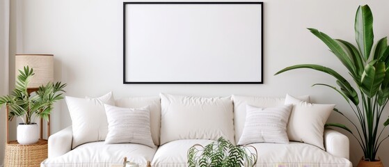 Wall Mural -  A livable space featuring a white couch and verdant potted plants before a vast picture frame on the wall