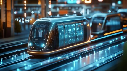 Poster - A futuristic tram on illuminated tracks in a vibrant urban setting.