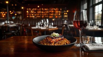 Poster -   A bowl of noodles and a glass of wine on a restaurant table, with a menu visible in the background