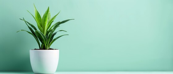 Poster -  A tight shot of a potted plant against a green wall and light blue backdrop