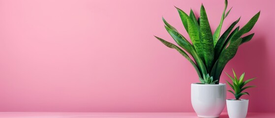 Wall Mural -  A pink table holds two potted plants and a white vase with a green plant