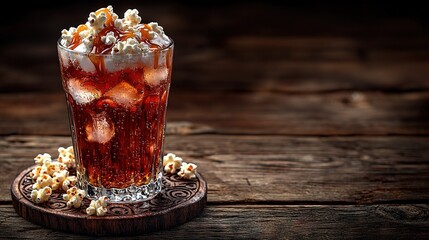 Sticker -   A tall glass filled with popcorn sits on top of a wooden table, next to a plate of popcorn