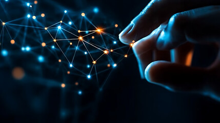 A hand reaches out to touch a glowing network of connections, representing the interconnectedness of technology and communication.  AI generated